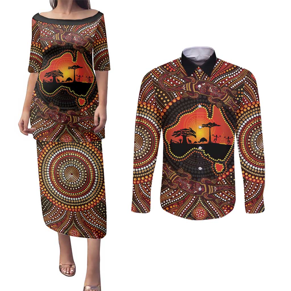Lizard and Australia Map Couples Matching Puletasi and Long Sleeve Button Shirt Aboriginal Dot Painting