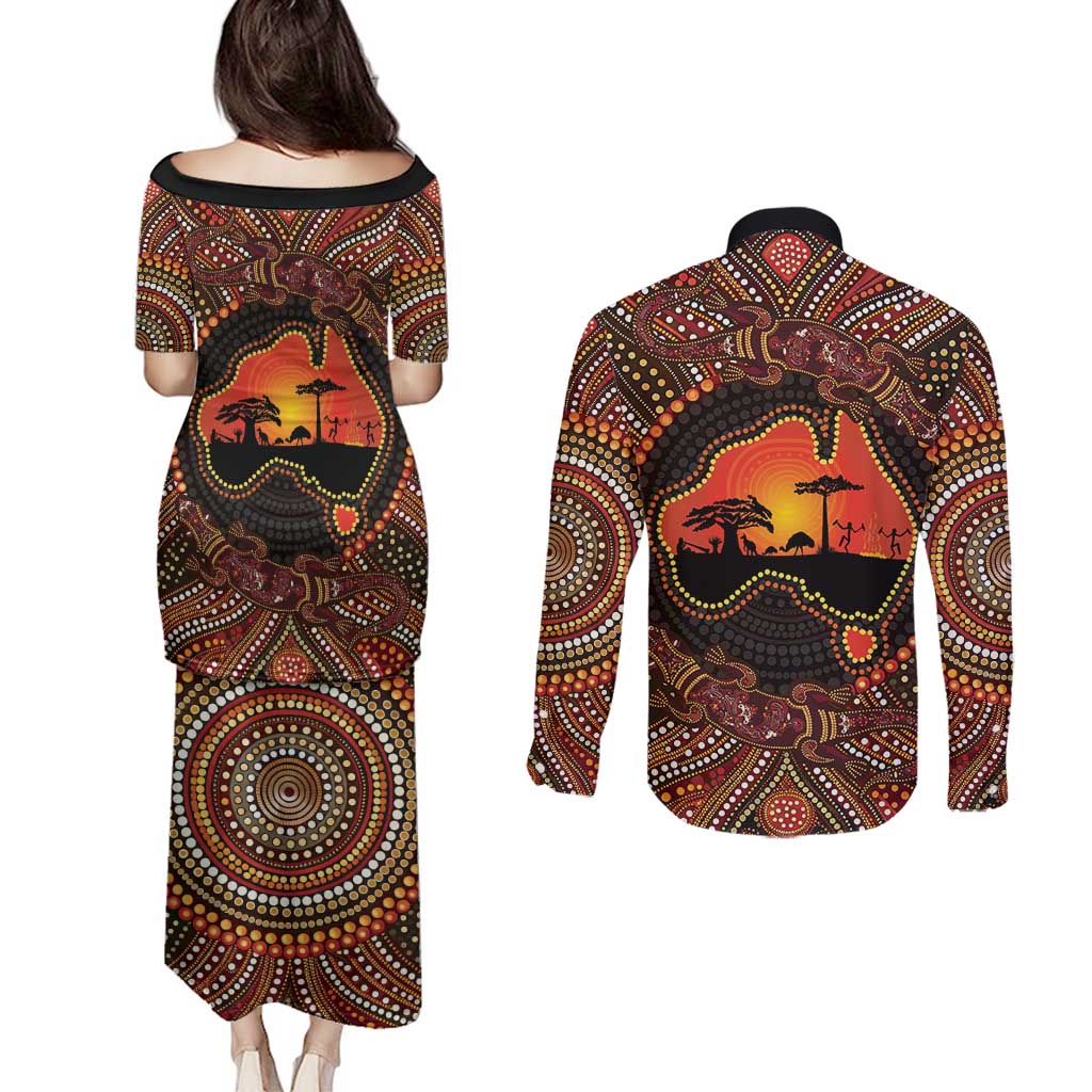 Lizard and Australia Map Couples Matching Puletasi and Long Sleeve Button Shirt Aboriginal Dot Painting