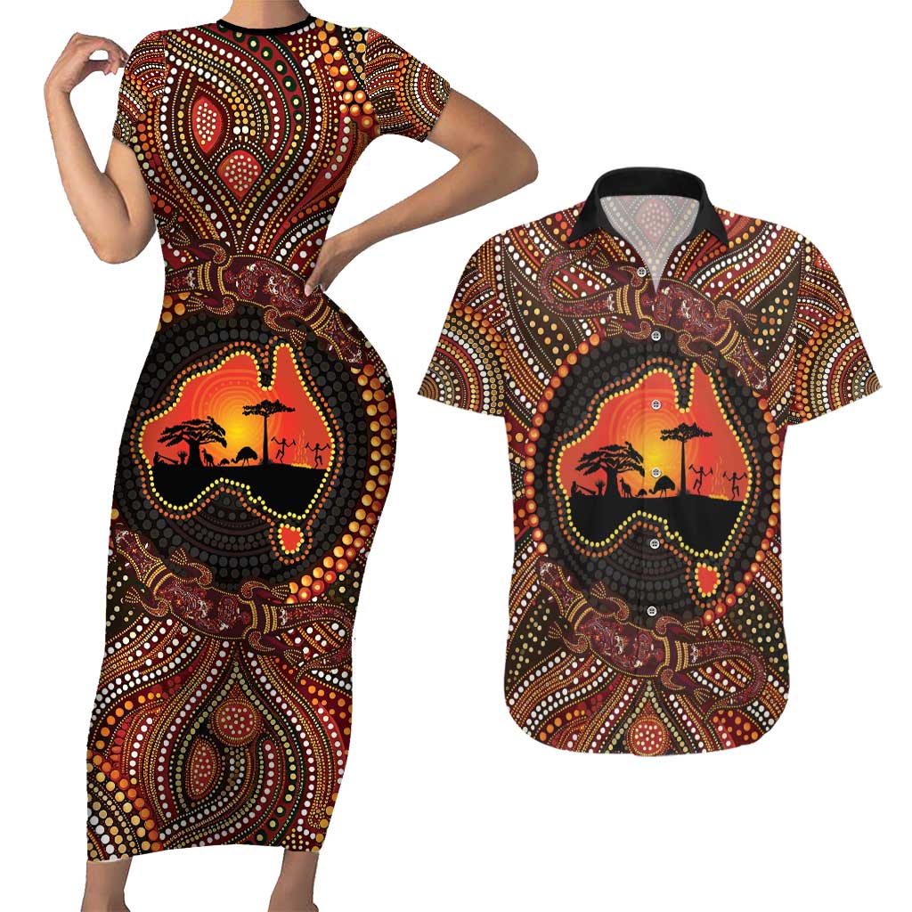 Lizard and Australia Map Couples Matching Short Sleeve Bodycon Dress and Hawaiian Shirt Aboriginal Dot Painting