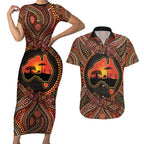 Lizard and Australia Map Couples Matching Short Sleeve Bodycon Dress and Hawaiian Shirt Aboriginal Dot Painting