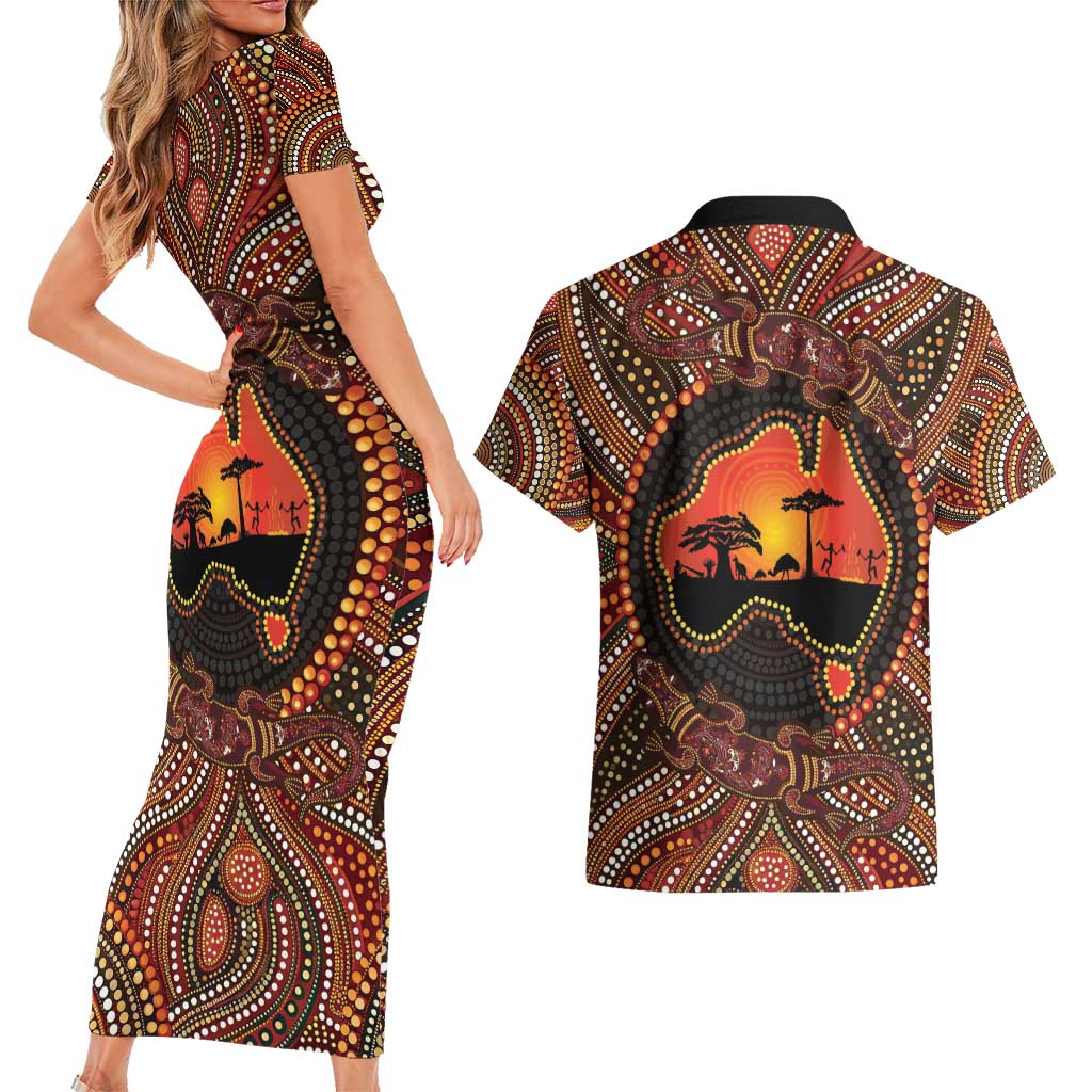 Lizard and Australia Map Couples Matching Short Sleeve Bodycon Dress and Hawaiian Shirt Aboriginal Dot Painting