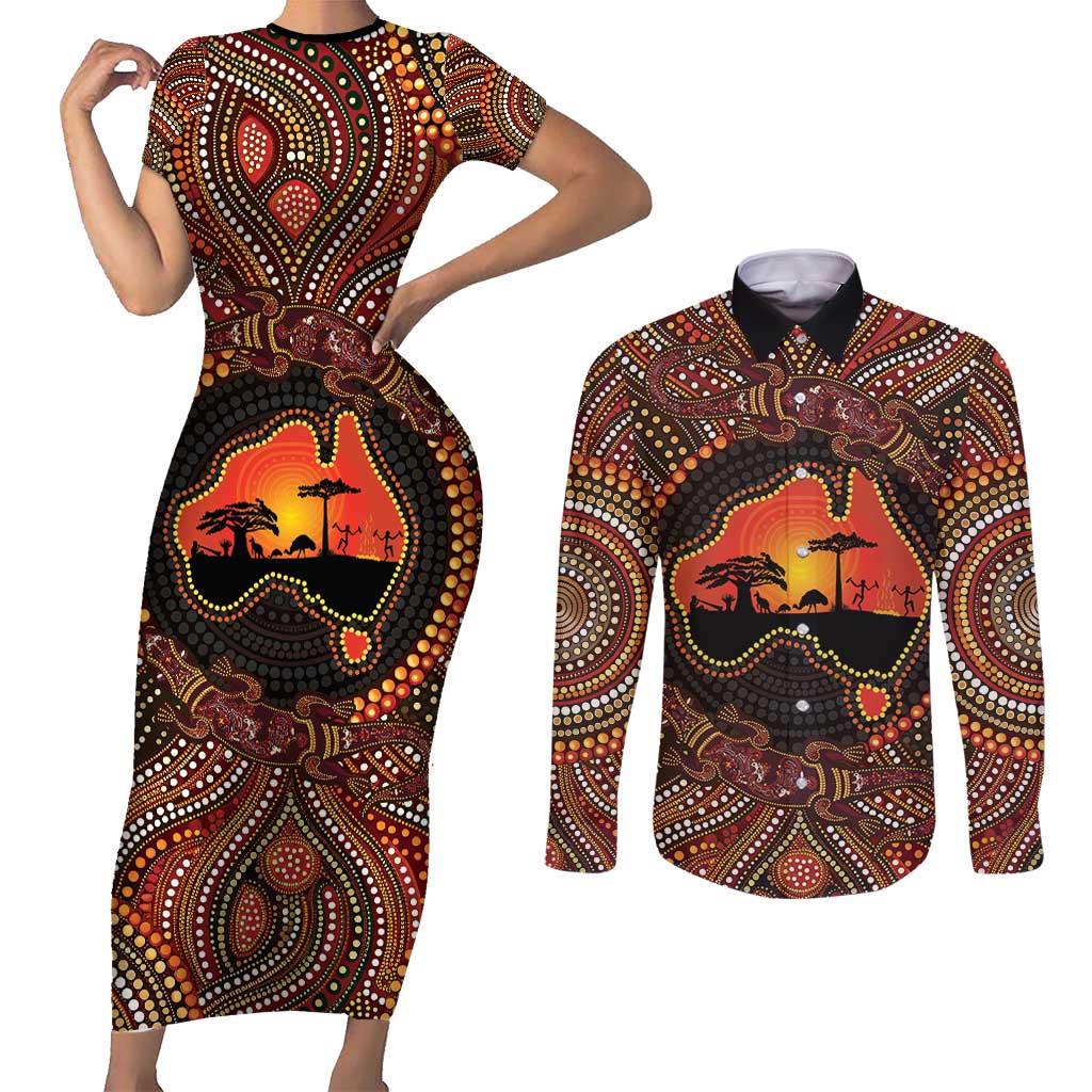 Lizard and Australia Map Couples Matching Short Sleeve Bodycon Dress and Long Sleeve Button Shirt Aboriginal Dot Painting