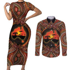 Lizard and Australia Map Couples Matching Short Sleeve Bodycon Dress and Long Sleeve Button Shirt Aboriginal Dot Painting
