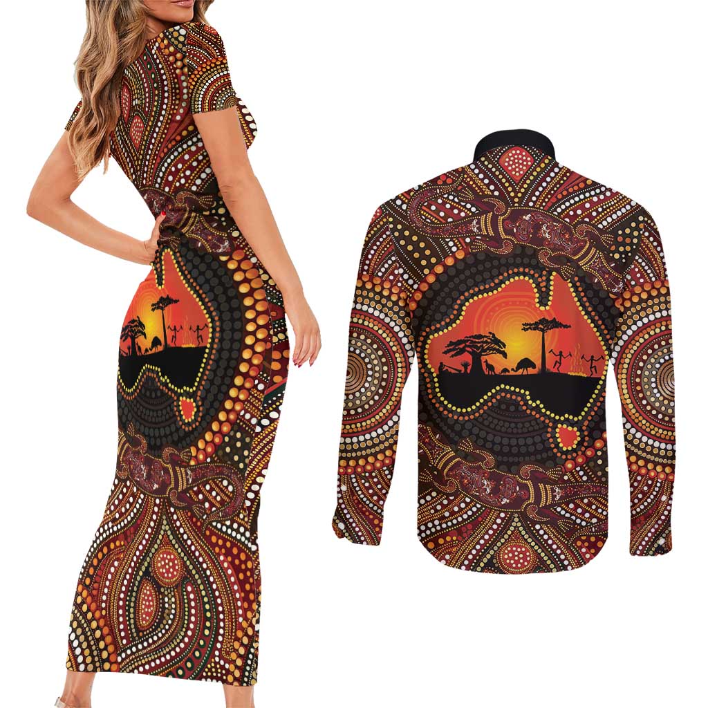 Lizard and Australia Map Couples Matching Short Sleeve Bodycon Dress and Long Sleeve Button Shirt Aboriginal Dot Painting