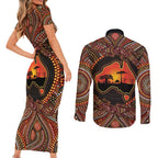 Lizard and Australia Map Couples Matching Short Sleeve Bodycon Dress and Long Sleeve Button Shirt Aboriginal Dot Painting