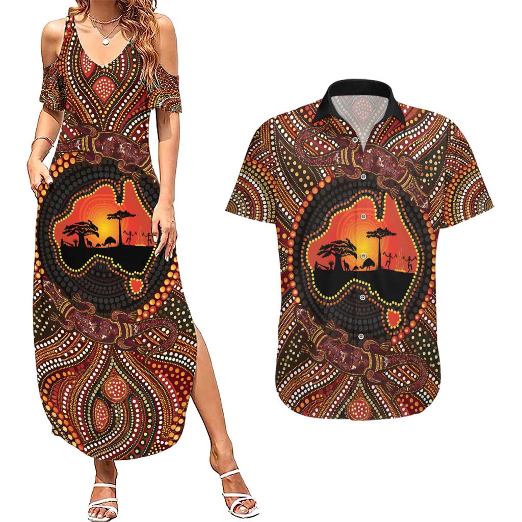 Lizard and Australia Map Couples Matching Summer Maxi Dress and Hawaiian Shirt Aboriginal Dot Painting