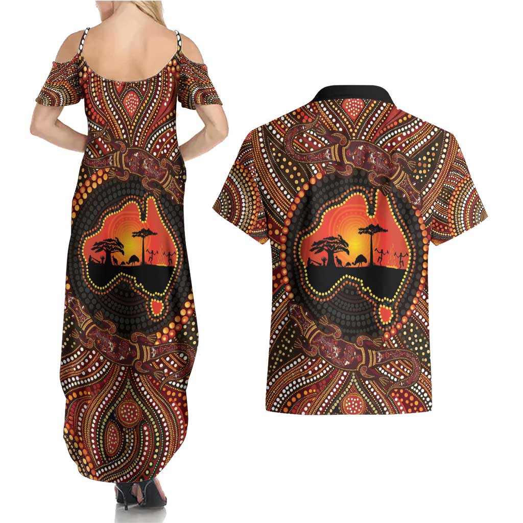 Lizard and Australia Map Couples Matching Summer Maxi Dress and Hawaiian Shirt Aboriginal Dot Painting