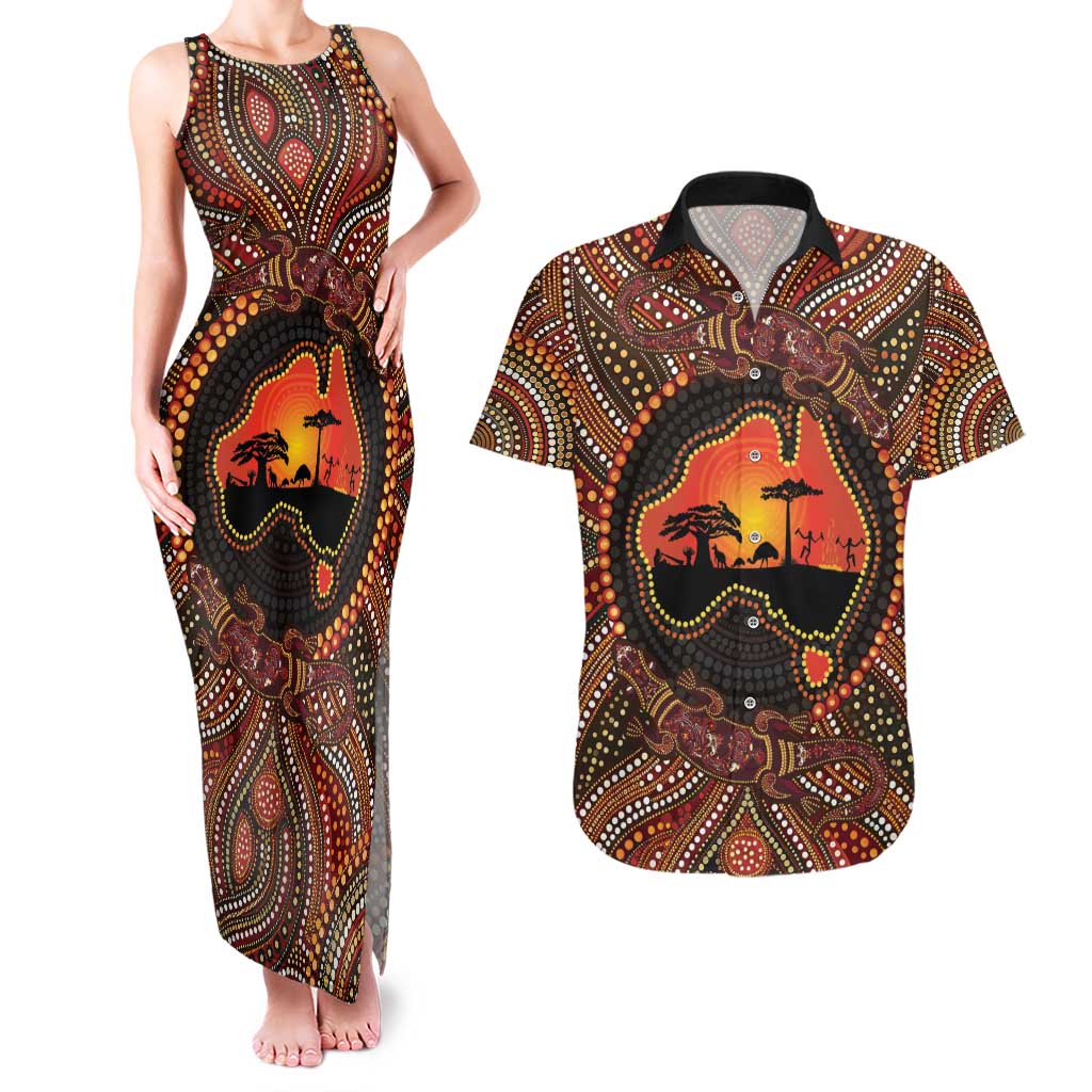 Lizard and Australia Map Couples Matching Tank Maxi Dress and Hawaiian Shirt Aboriginal Dot Painting