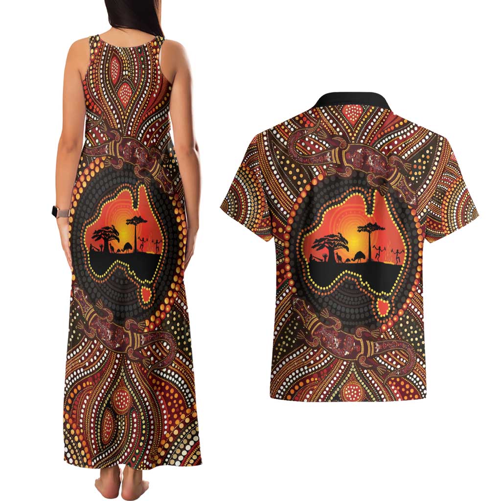 Lizard and Australia Map Couples Matching Tank Maxi Dress and Hawaiian Shirt Aboriginal Dot Painting