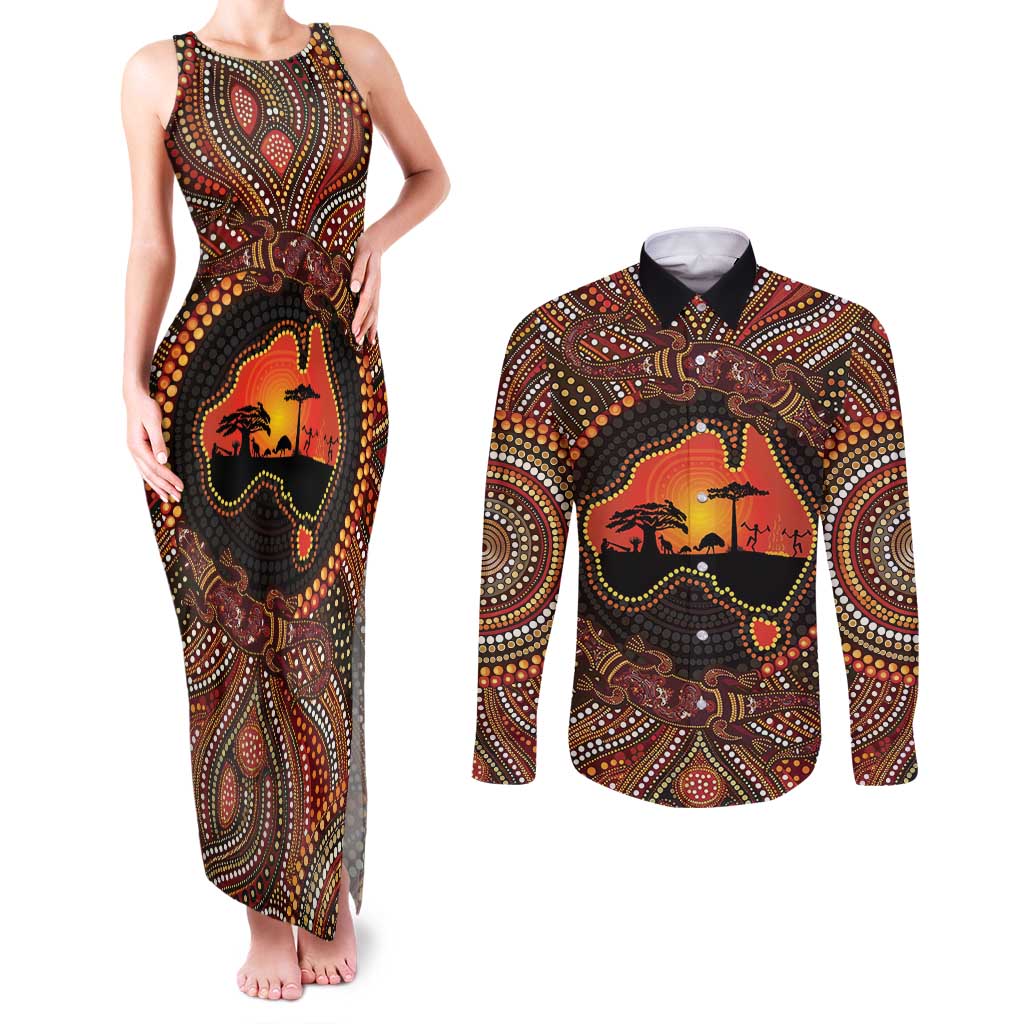 Lizard and Australia Map Couples Matching Tank Maxi Dress and Long Sleeve Button Shirt Aboriginal Dot Painting