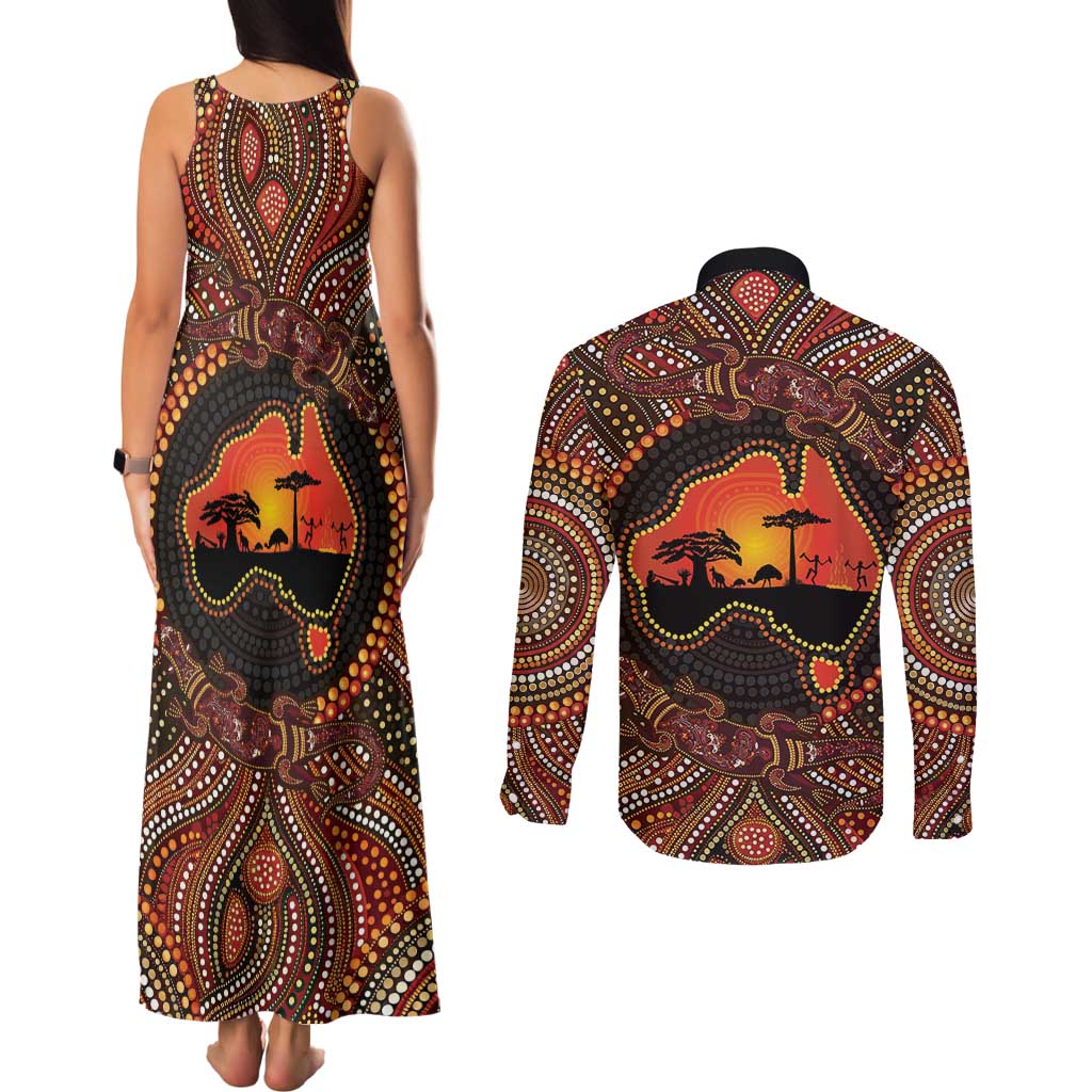 Lizard and Australia Map Couples Matching Tank Maxi Dress and Long Sleeve Button Shirt Aboriginal Dot Painting
