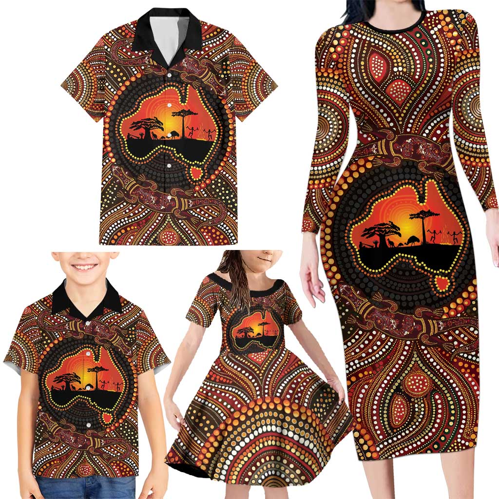 Lizard and Australia Map Family Matching Long Sleeve Bodycon Dress and Hawaiian Shirt Aboriginal Dot Painting