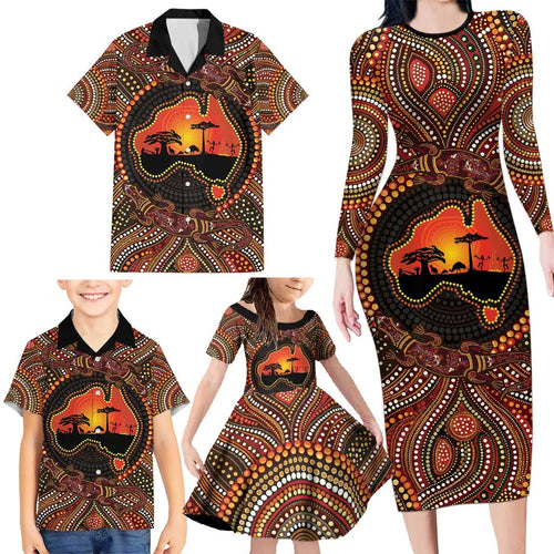 Lizard and Australia Map Family Matching Long Sleeve Bodycon Dress and Hawaiian Shirt Aboriginal Dot Painting