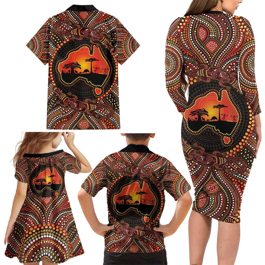 Lizard and Australia Map Family Matching Long Sleeve Bodycon Dress and Hawaiian Shirt Aboriginal Dot Painting