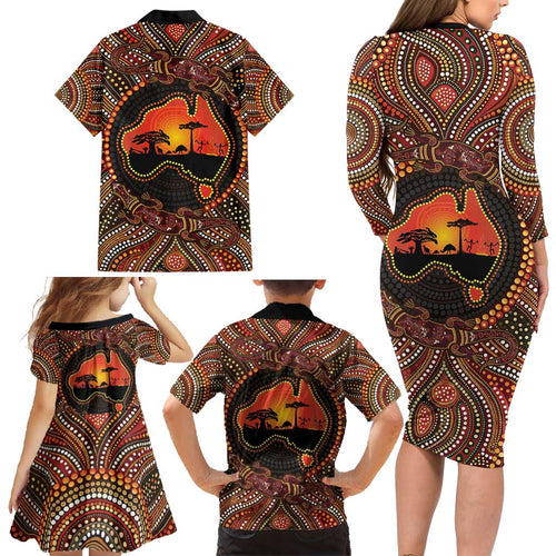 Lizard and Australia Map Family Matching Long Sleeve Bodycon Dress and Hawaiian Shirt Aboriginal Dot Painting