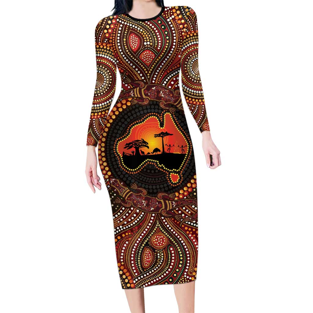 Lizard and Australia Map Family Matching Long Sleeve Bodycon Dress and Hawaiian Shirt Aboriginal Dot Painting