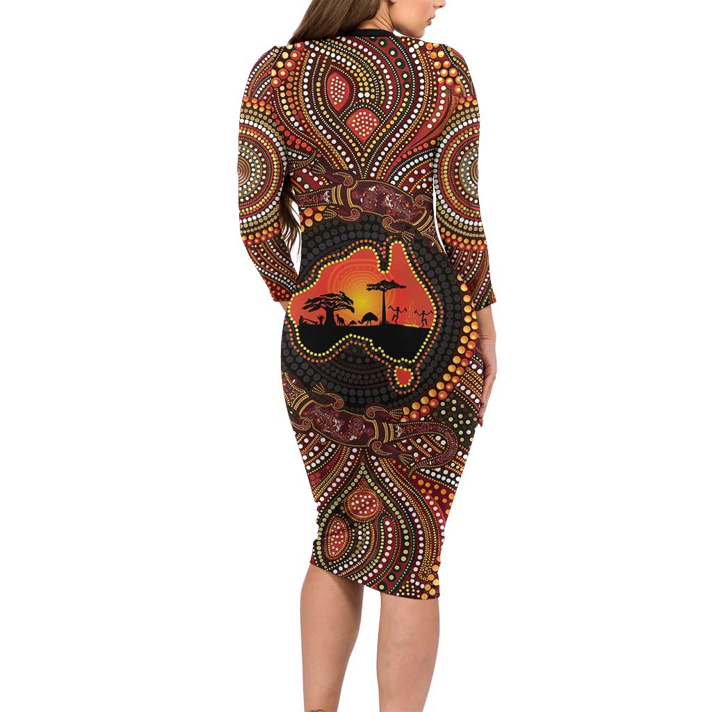 Lizard and Australia Map Family Matching Long Sleeve Bodycon Dress and Hawaiian Shirt Aboriginal Dot Painting