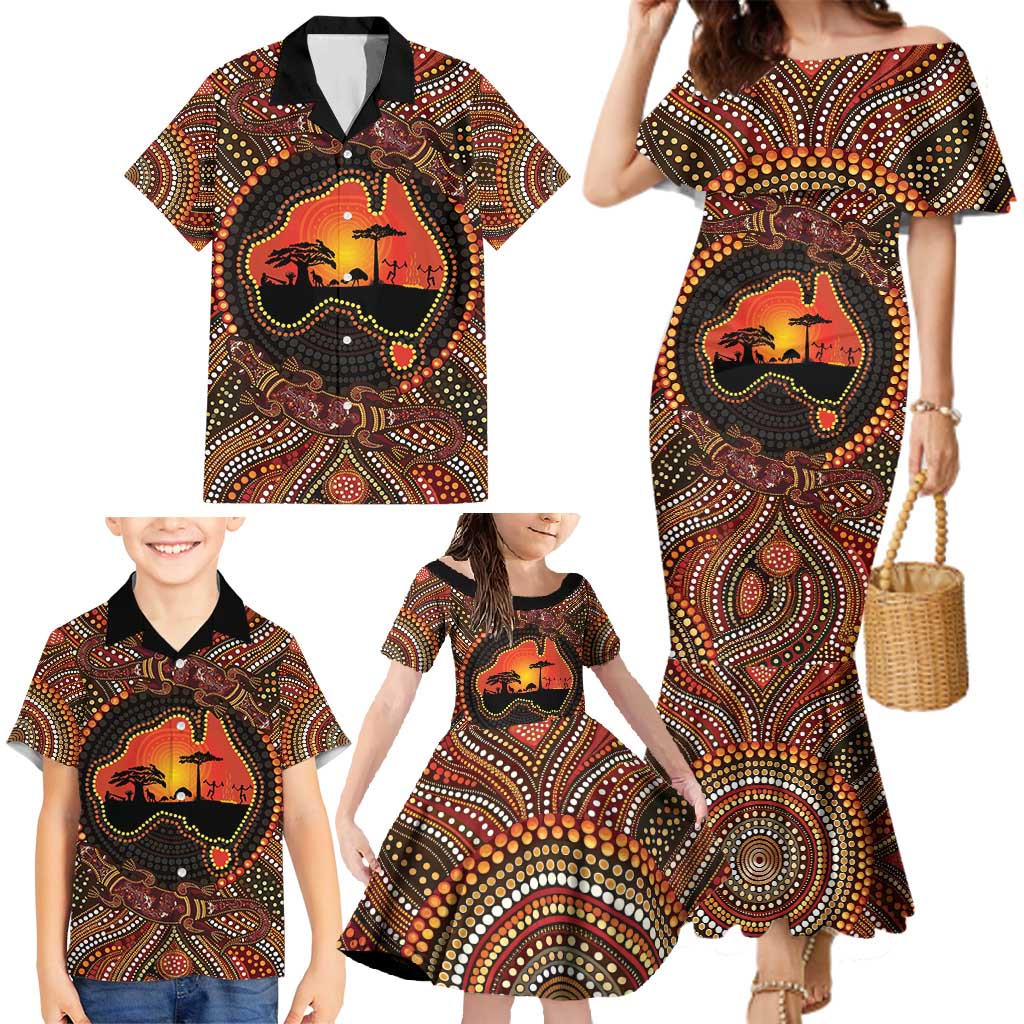 Lizard and Australia Map Family Matching Mermaid Dress and Hawaiian Shirt Aboriginal Dot Painting
