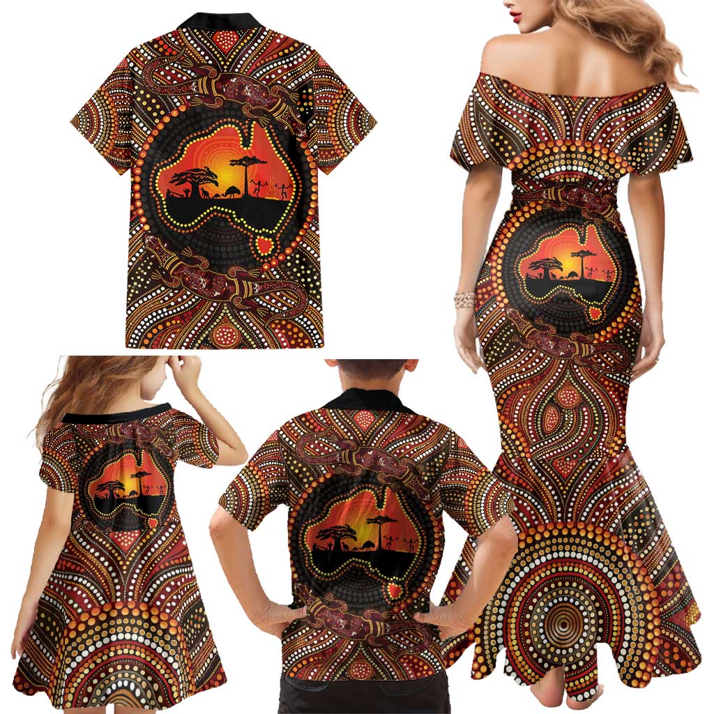 Lizard and Australia Map Family Matching Mermaid Dress and Hawaiian Shirt Aboriginal Dot Painting