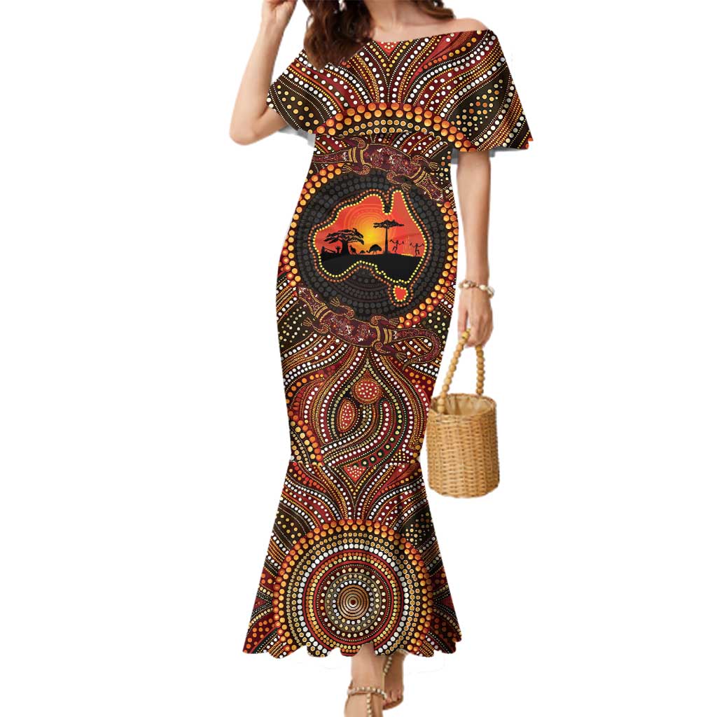 Lizard and Australia Map Family Matching Mermaid Dress and Hawaiian Shirt Aboriginal Dot Painting