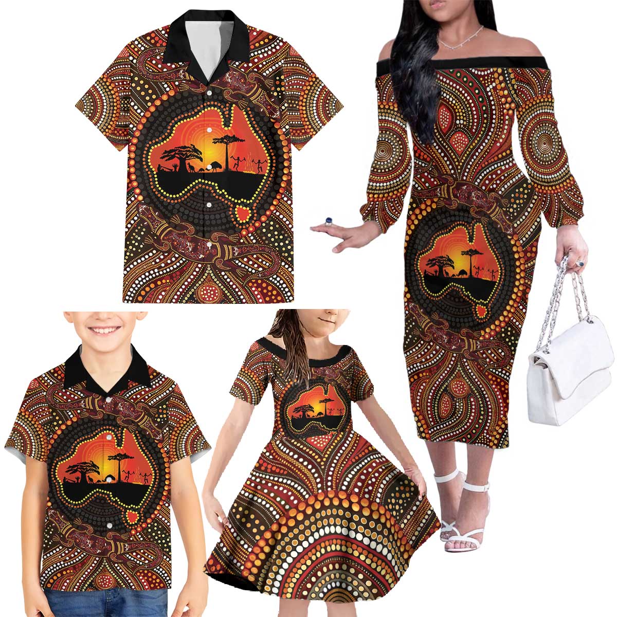 Lizard and Australia Map Family Matching Off The Shoulder Long Sleeve Dress and Hawaiian Shirt Aboriginal Dot Painting