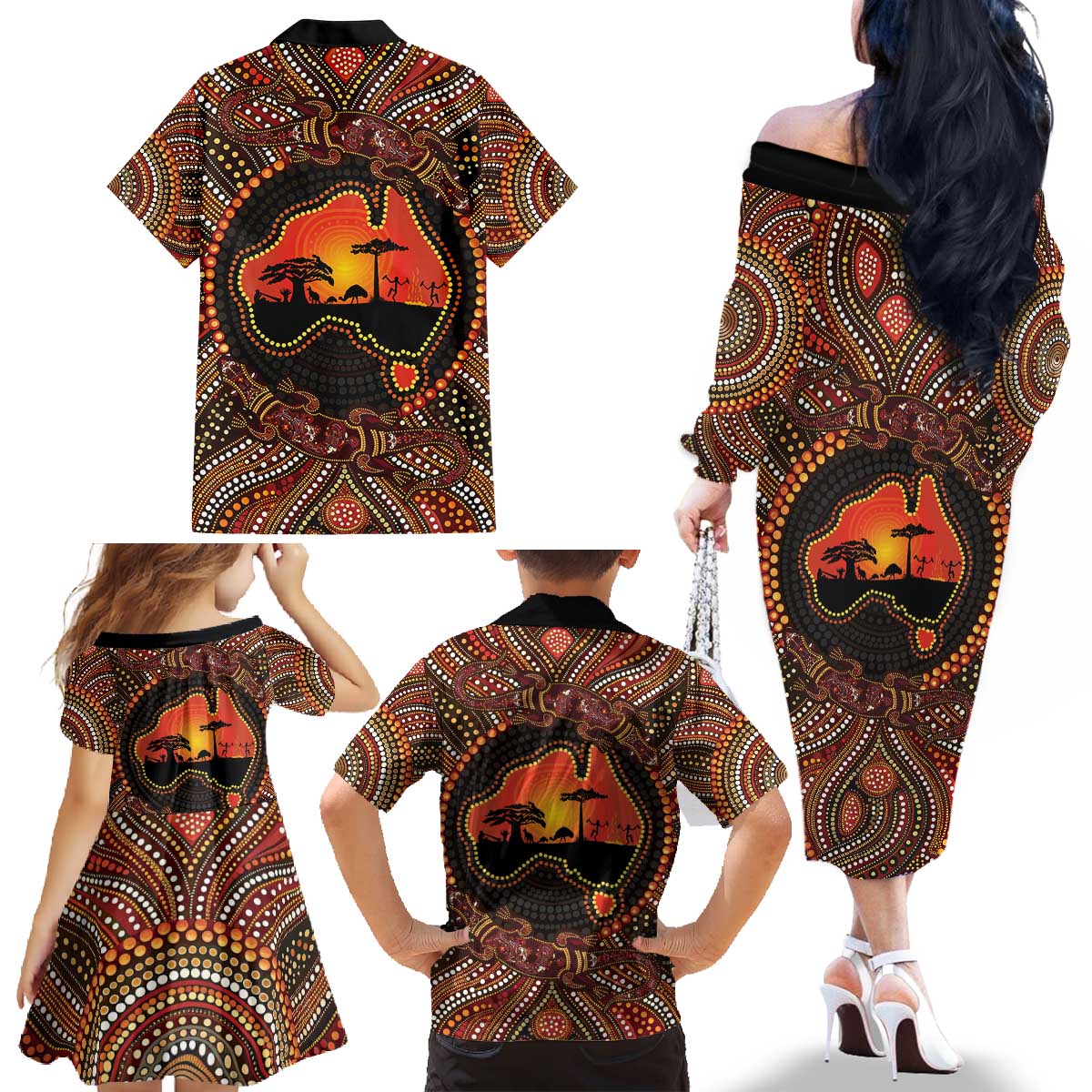 Lizard and Australia Map Family Matching Off The Shoulder Long Sleeve Dress and Hawaiian Shirt Aboriginal Dot Painting