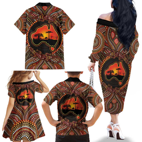 Lizard and Australia Map Family Matching Off The Shoulder Long Sleeve Dress and Hawaiian Shirt Aboriginal Dot Painting