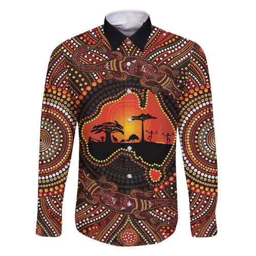 Lizard and Australia Map Family Matching Off The Shoulder Long Sleeve Dress and Hawaiian Shirt Aboriginal Dot Painting