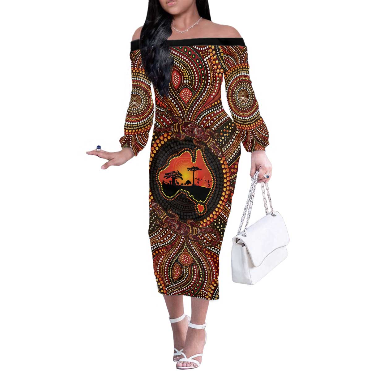Lizard and Australia Map Family Matching Off The Shoulder Long Sleeve Dress and Hawaiian Shirt Aboriginal Dot Painting
