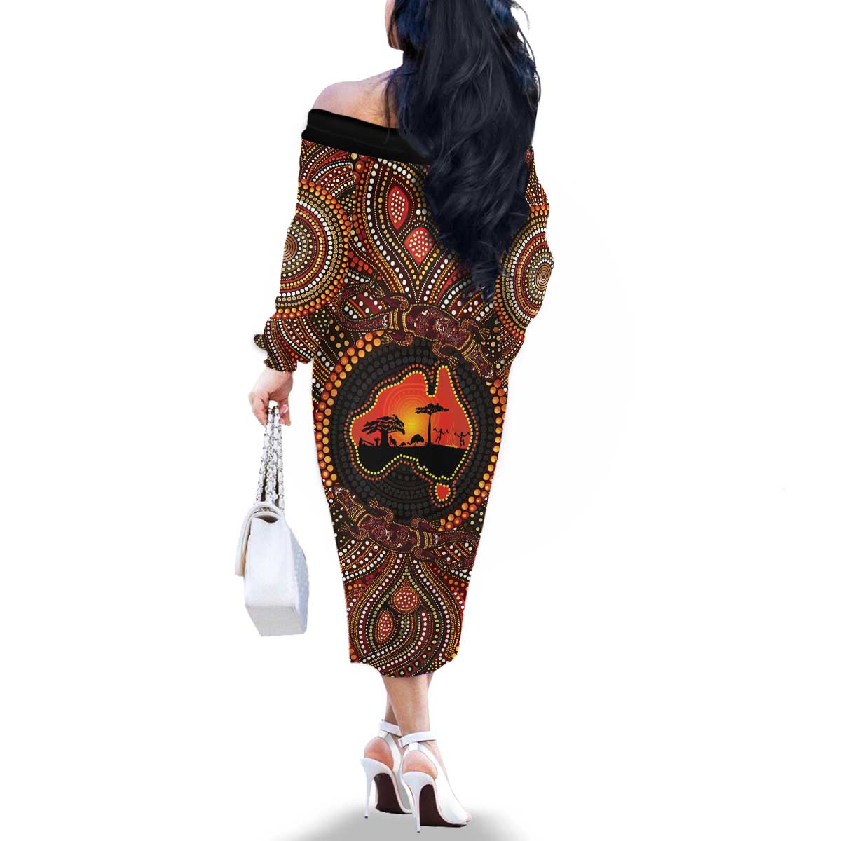 Lizard and Australia Map Family Matching Off The Shoulder Long Sleeve Dress and Hawaiian Shirt Aboriginal Dot Painting