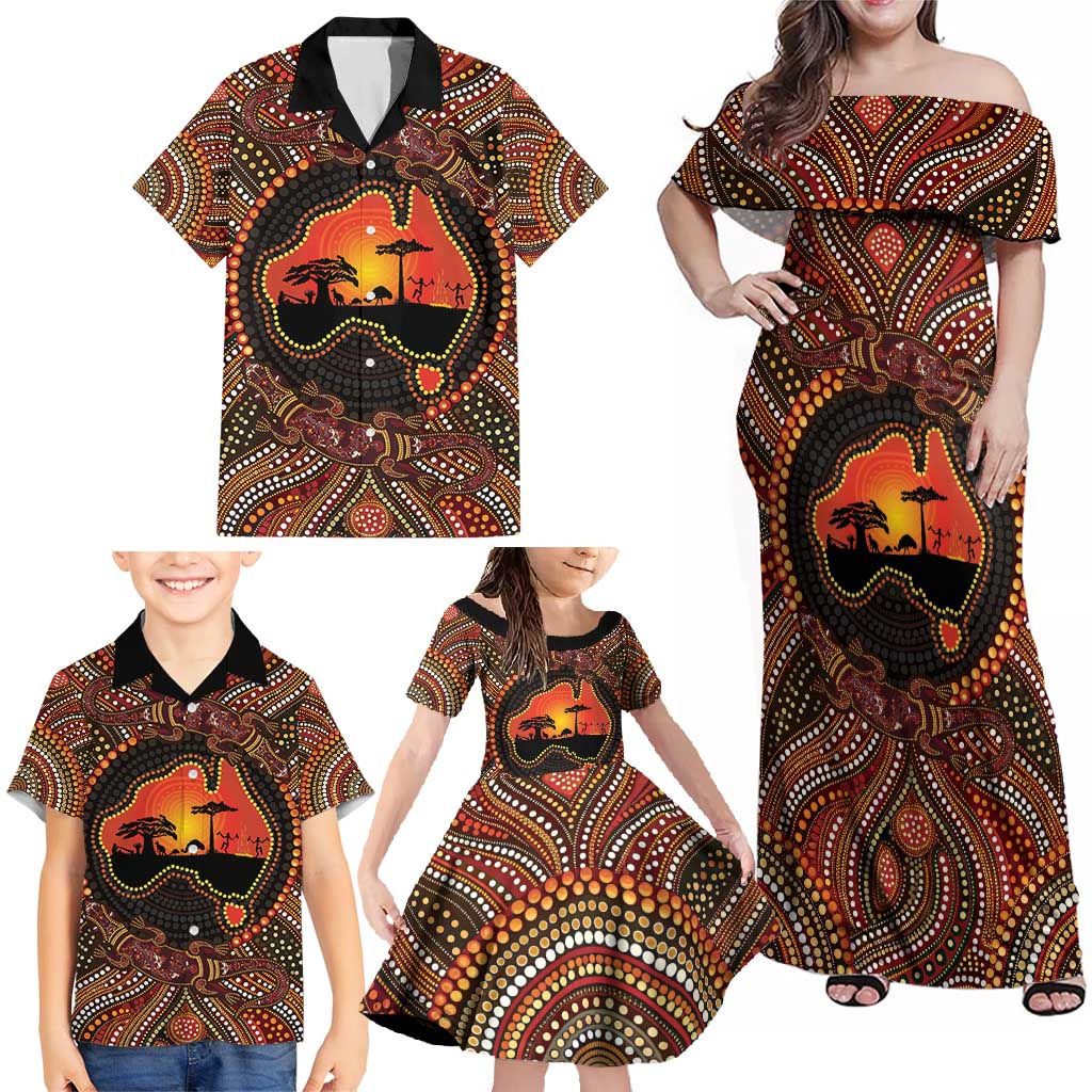 Lizard and Australia Map Family Matching Off Shoulder Maxi Dress and Hawaiian Shirt Aboriginal Dot Painting