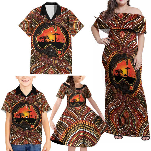 Lizard and Australia Map Family Matching Off Shoulder Maxi Dress and Hawaiian Shirt Aboriginal Dot Painting
