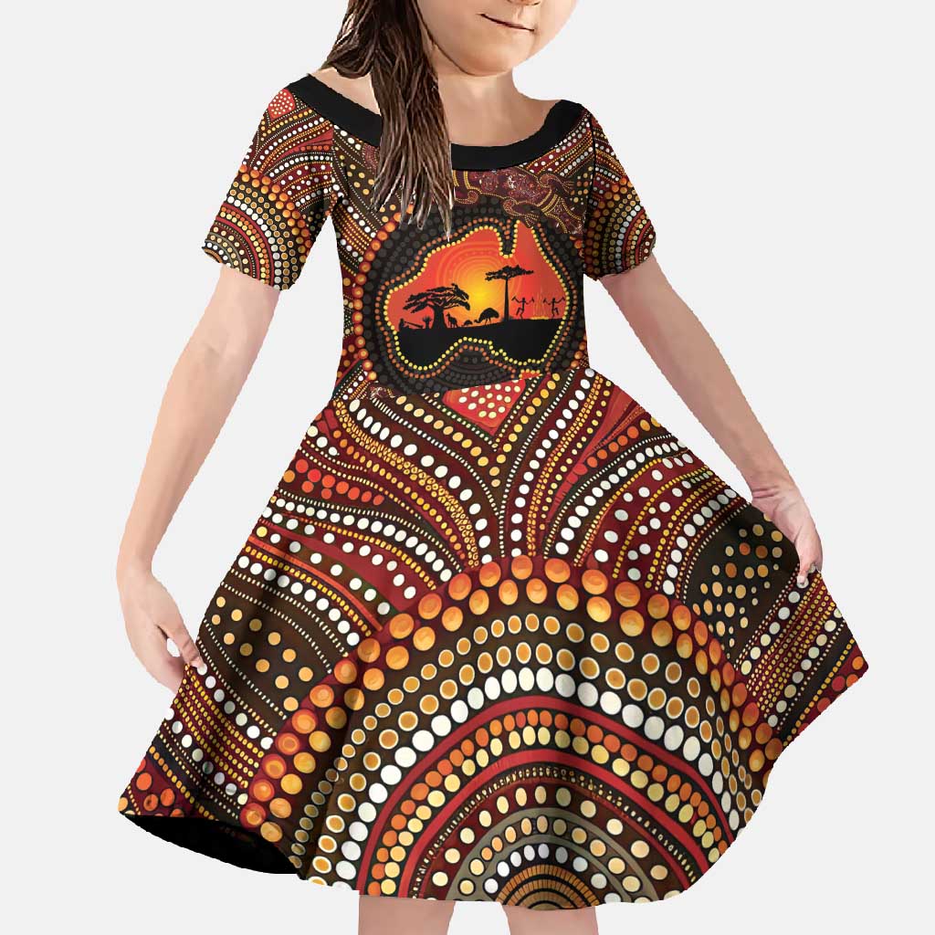 Lizard and Australia Map Family Matching Off Shoulder Maxi Dress and Hawaiian Shirt Aboriginal Dot Painting