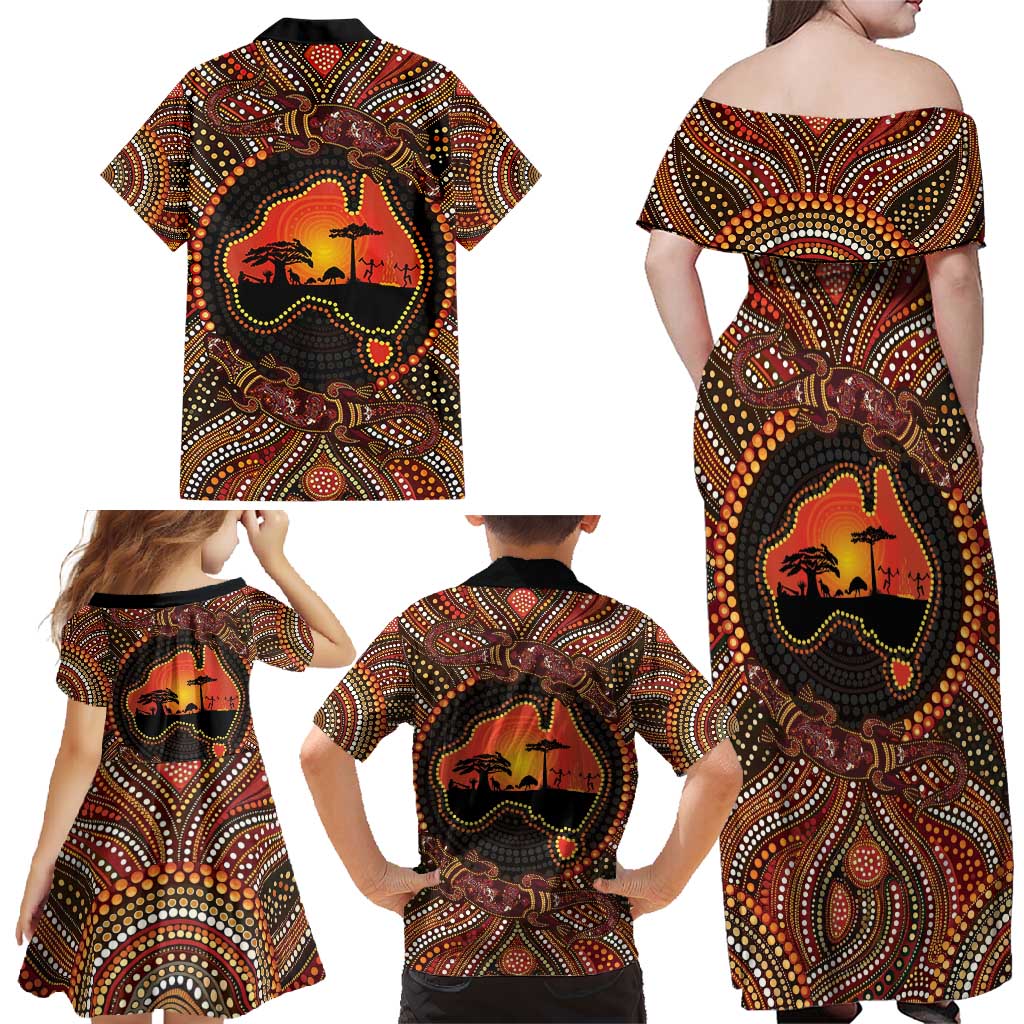 Lizard and Australia Map Family Matching Off Shoulder Maxi Dress and Hawaiian Shirt Aboriginal Dot Painting