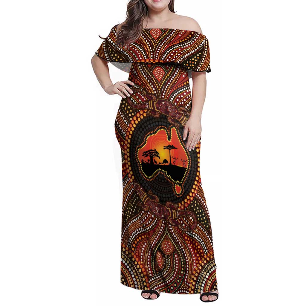Lizard and Australia Map Family Matching Off Shoulder Maxi Dress and Hawaiian Shirt Aboriginal Dot Painting