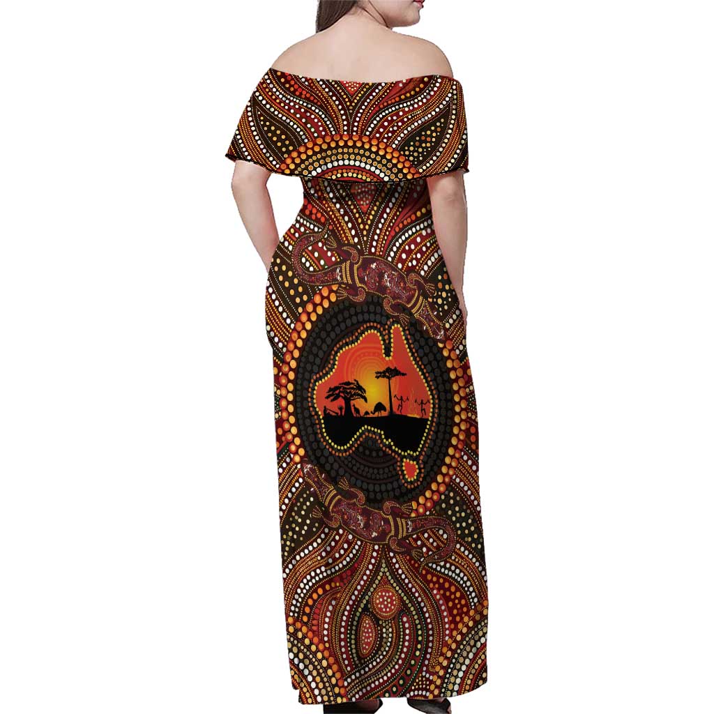 Lizard and Australia Map Family Matching Off Shoulder Maxi Dress and Hawaiian Shirt Aboriginal Dot Painting