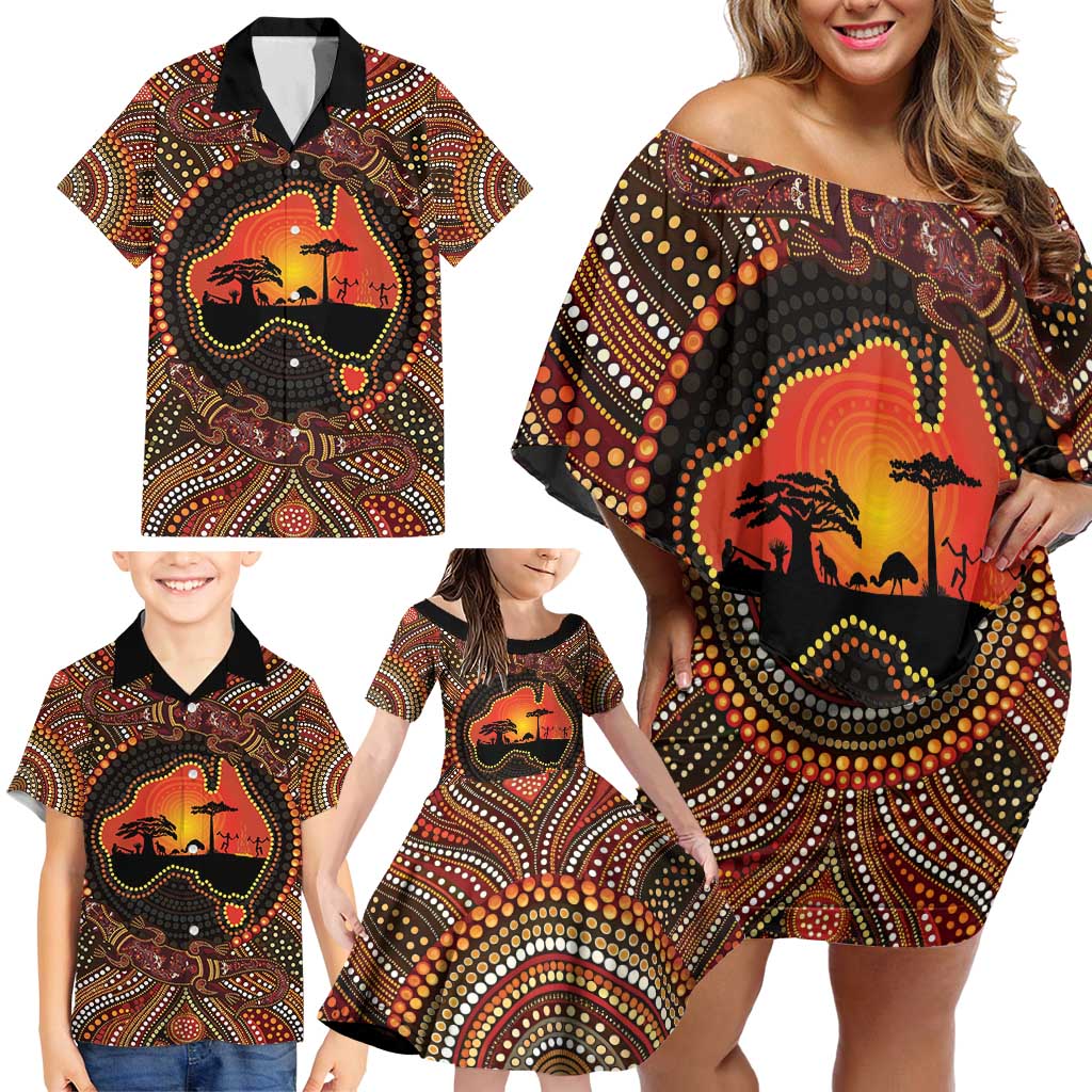 Lizard and Australia Map Family Matching Off Shoulder Short Dress and Hawaiian Shirt Aboriginal Dot Painting