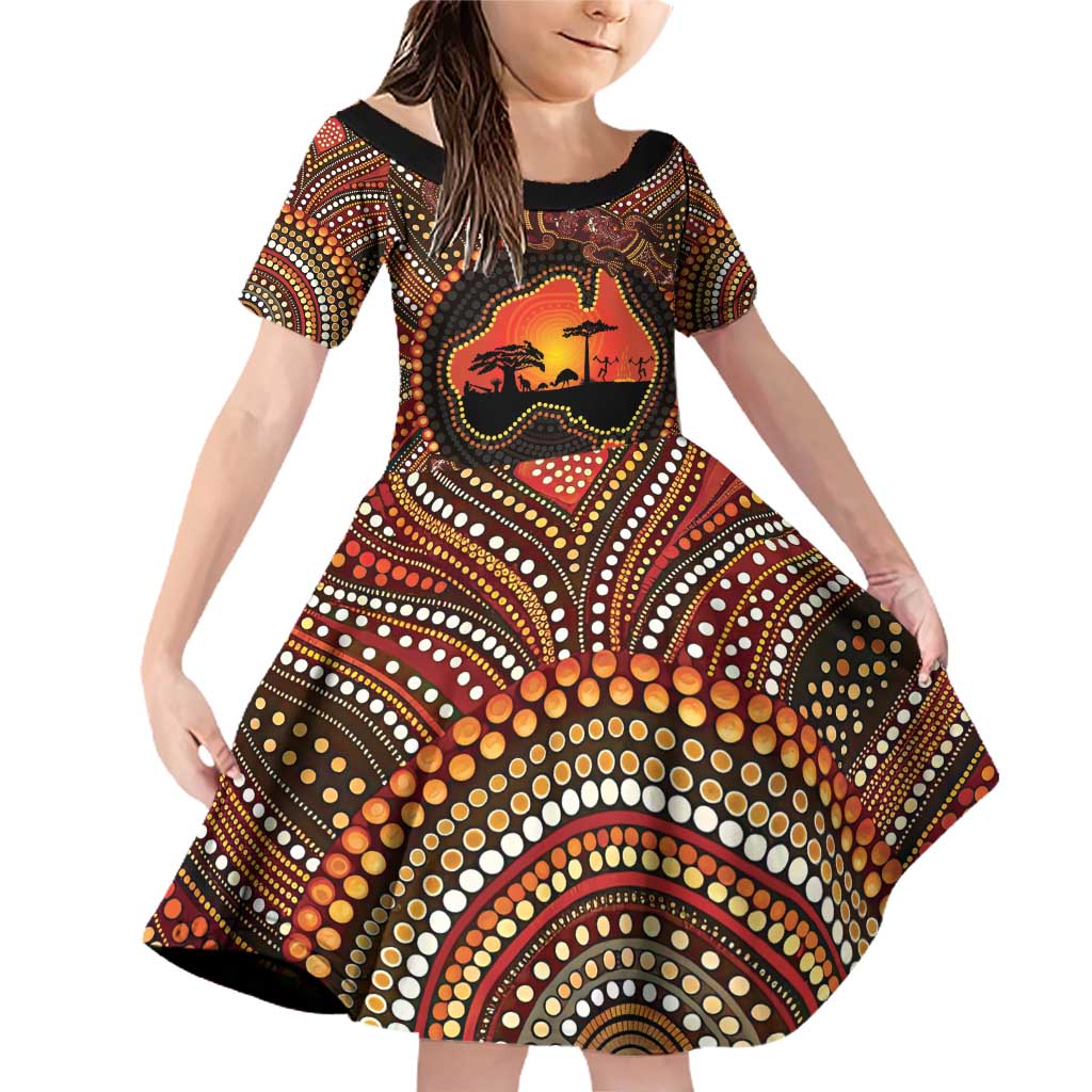 Lizard and Australia Map Family Matching Off Shoulder Short Dress and Hawaiian Shirt Aboriginal Dot Painting
