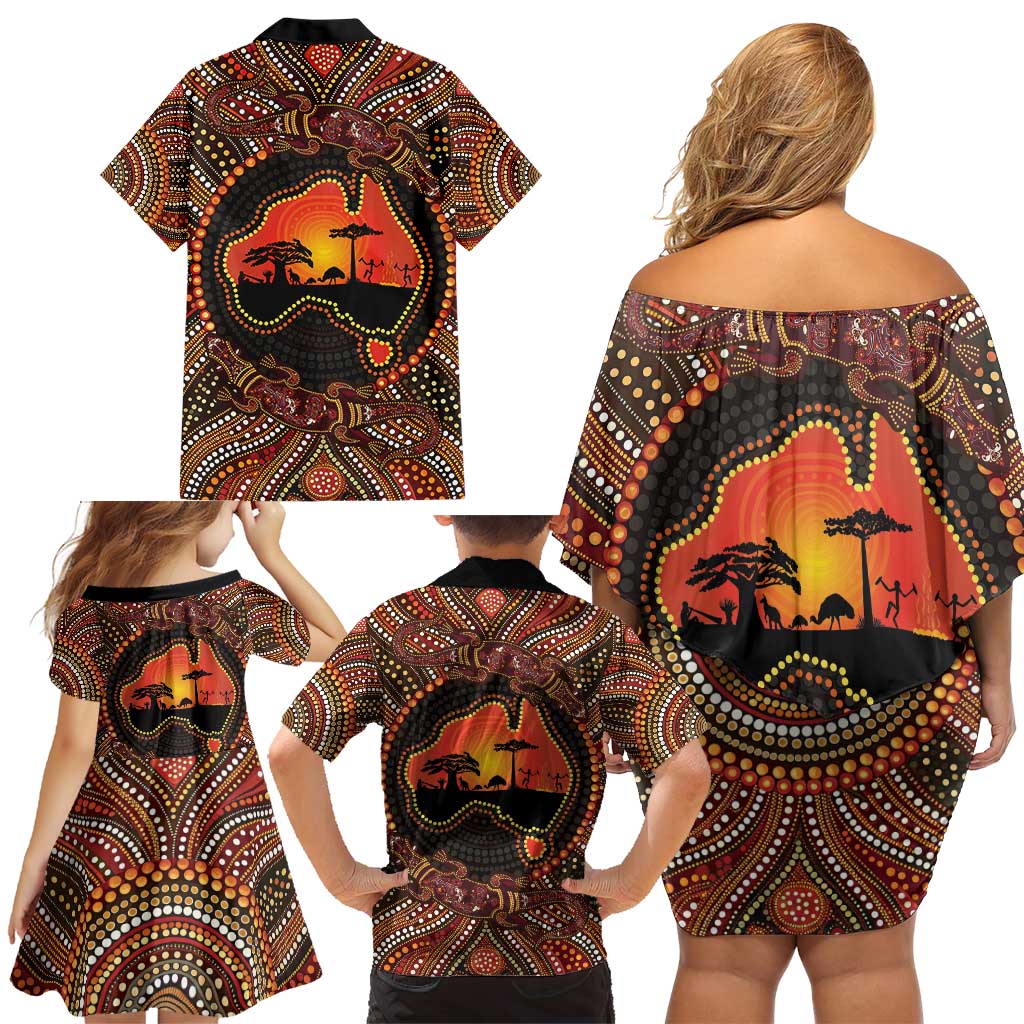 Lizard and Australia Map Family Matching Off Shoulder Short Dress and Hawaiian Shirt Aboriginal Dot Painting