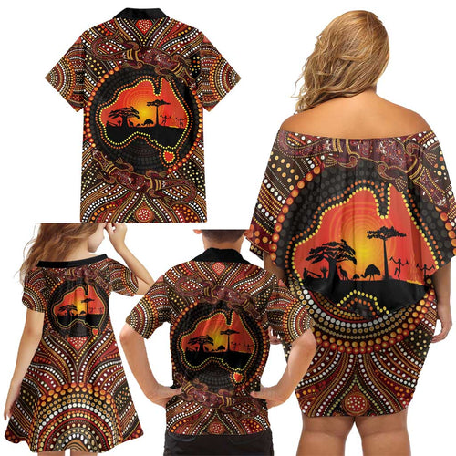 Lizard and Australia Map Family Matching Off Shoulder Short Dress and Hawaiian Shirt Aboriginal Dot Painting