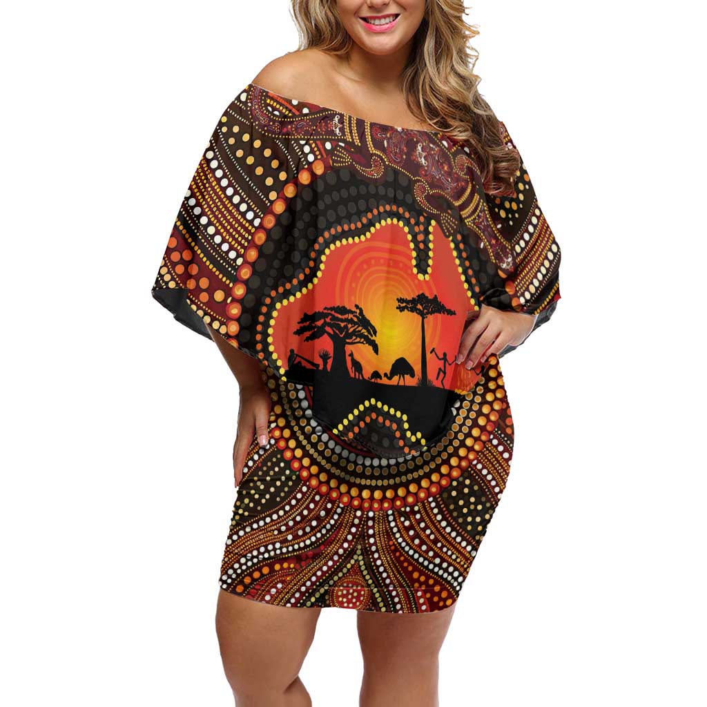 Lizard and Australia Map Family Matching Off Shoulder Short Dress and Hawaiian Shirt Aboriginal Dot Painting