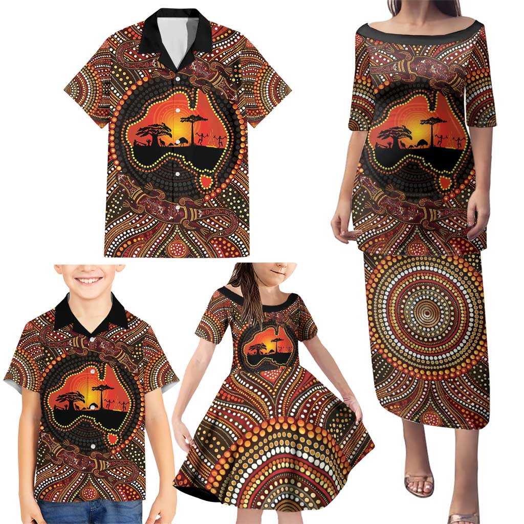 Lizard and Australia Map Family Matching Puletasi and Hawaiian Shirt Aboriginal Dot Painting