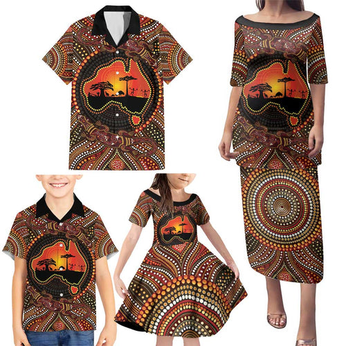 Lizard and Australia Map Family Matching Puletasi and Hawaiian Shirt Aboriginal Dot Painting