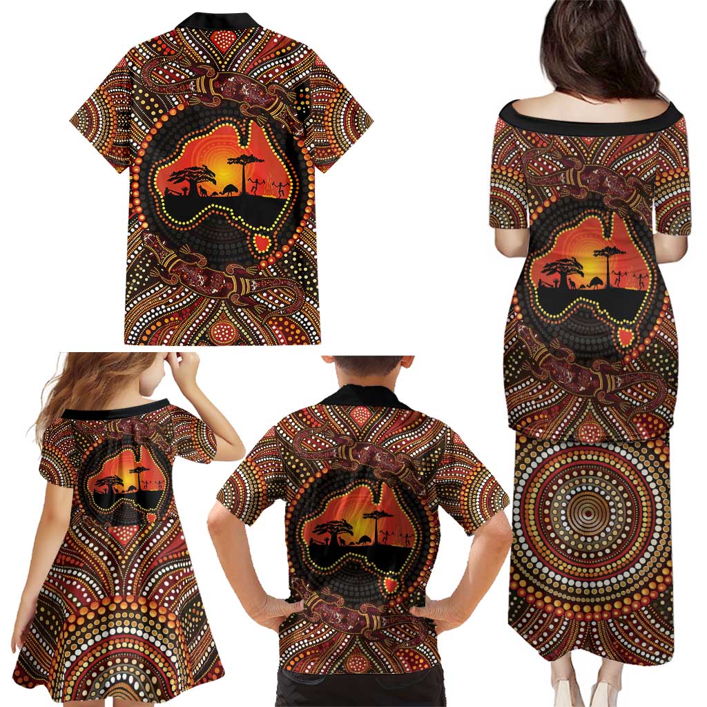 Lizard and Australia Map Family Matching Puletasi and Hawaiian Shirt Aboriginal Dot Painting