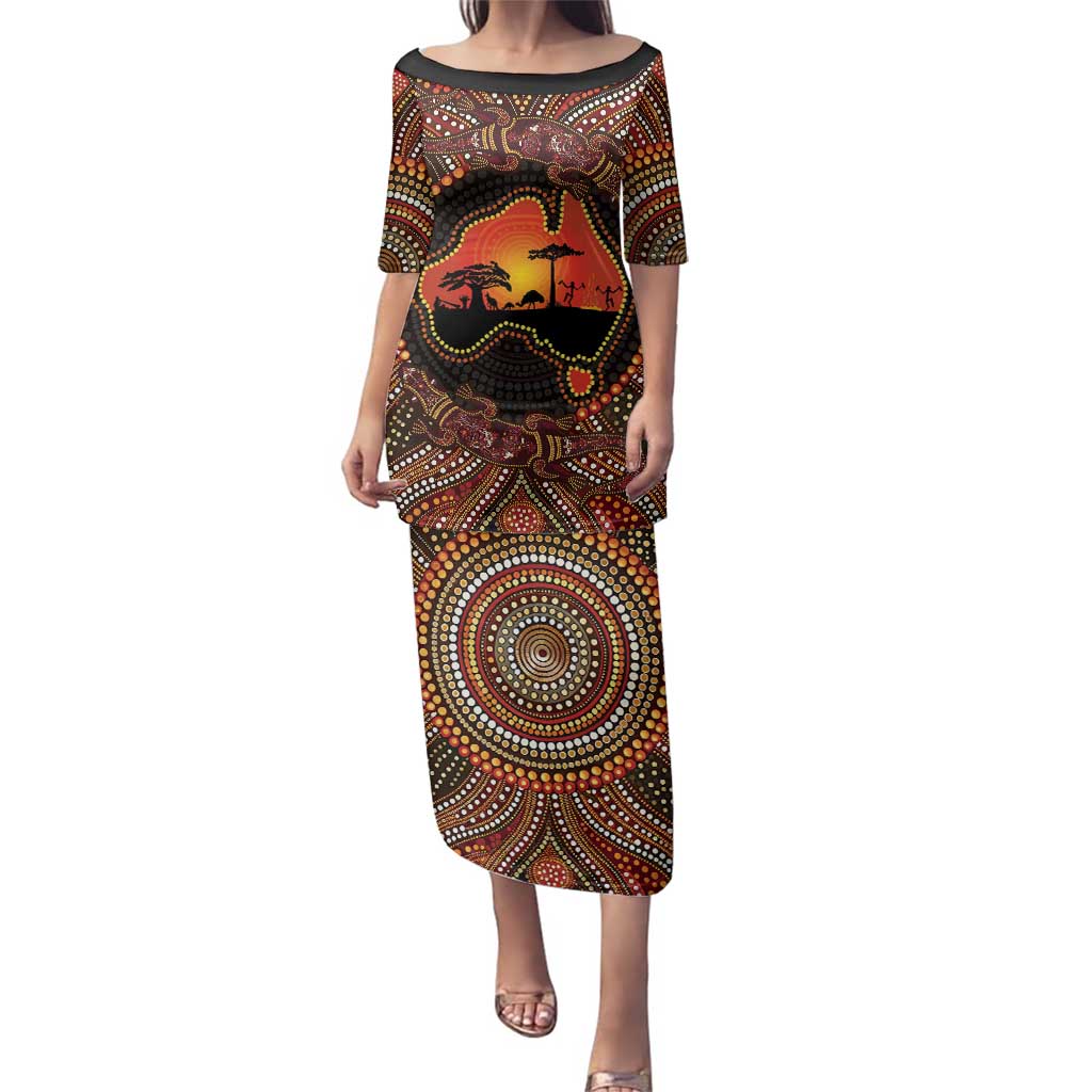 Lizard and Australia Map Family Matching Puletasi and Hawaiian Shirt Aboriginal Dot Painting