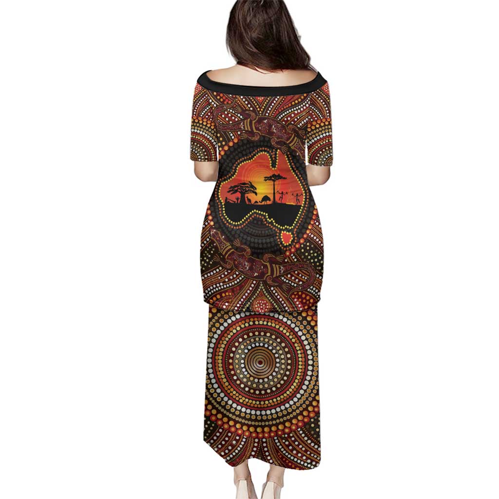 Lizard and Australia Map Family Matching Puletasi and Hawaiian Shirt Aboriginal Dot Painting