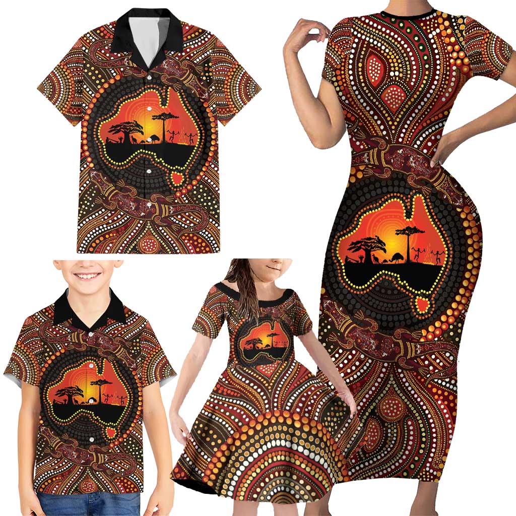 Lizard and Australia Map Family Matching Short Sleeve Bodycon Dress and Hawaiian Shirt Aboriginal Dot Painting