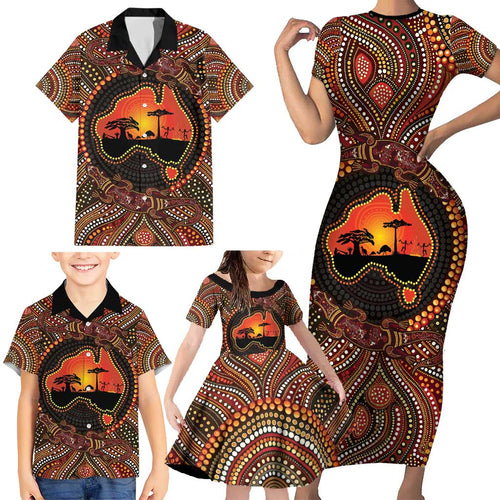 Lizard and Australia Map Family Matching Short Sleeve Bodycon Dress and Hawaiian Shirt Aboriginal Dot Painting