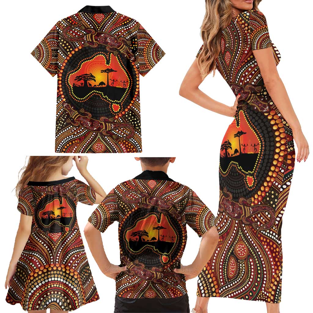 Lizard and Australia Map Family Matching Short Sleeve Bodycon Dress and Hawaiian Shirt Aboriginal Dot Painting