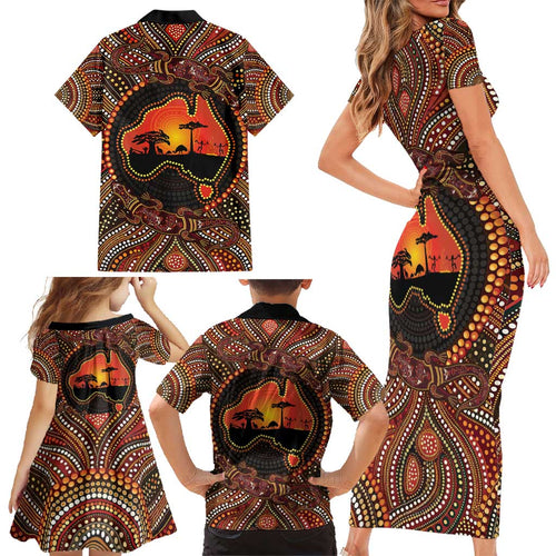 Lizard and Australia Map Family Matching Short Sleeve Bodycon Dress and Hawaiian Shirt Aboriginal Dot Painting